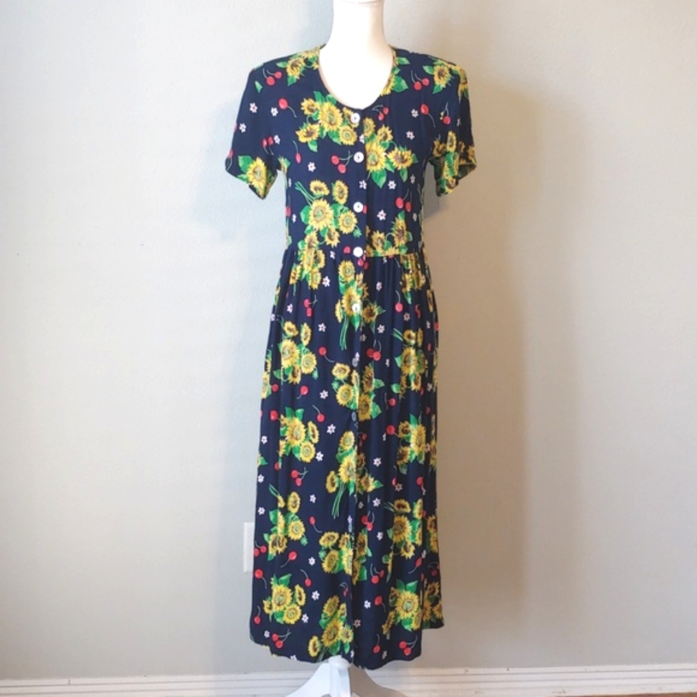VINTAGE | Sunflower Cherry Button Down Dress 🌻🍒